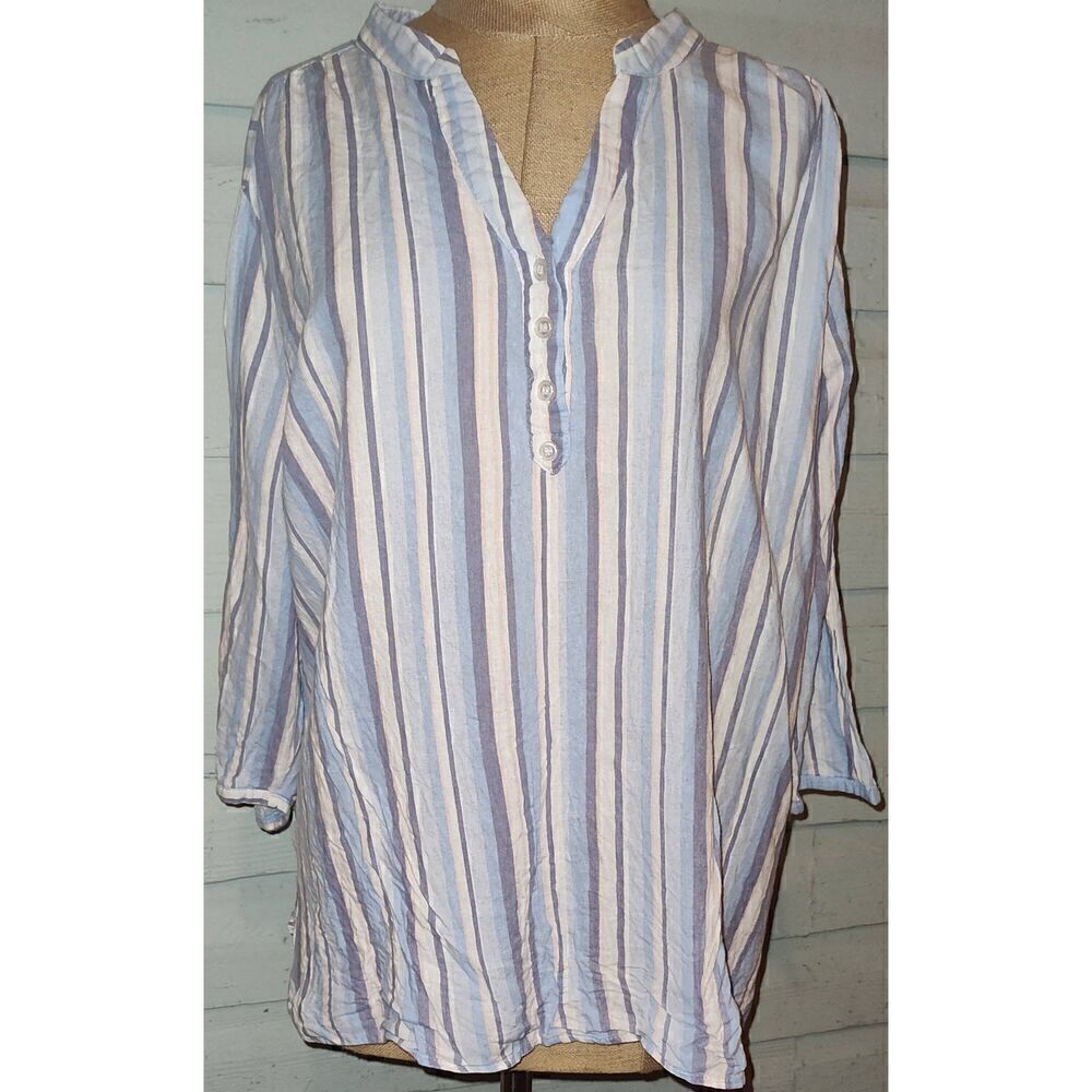 Saint Tropez West linen blend tunic blouse Size 2X Hi low side split hem V neck